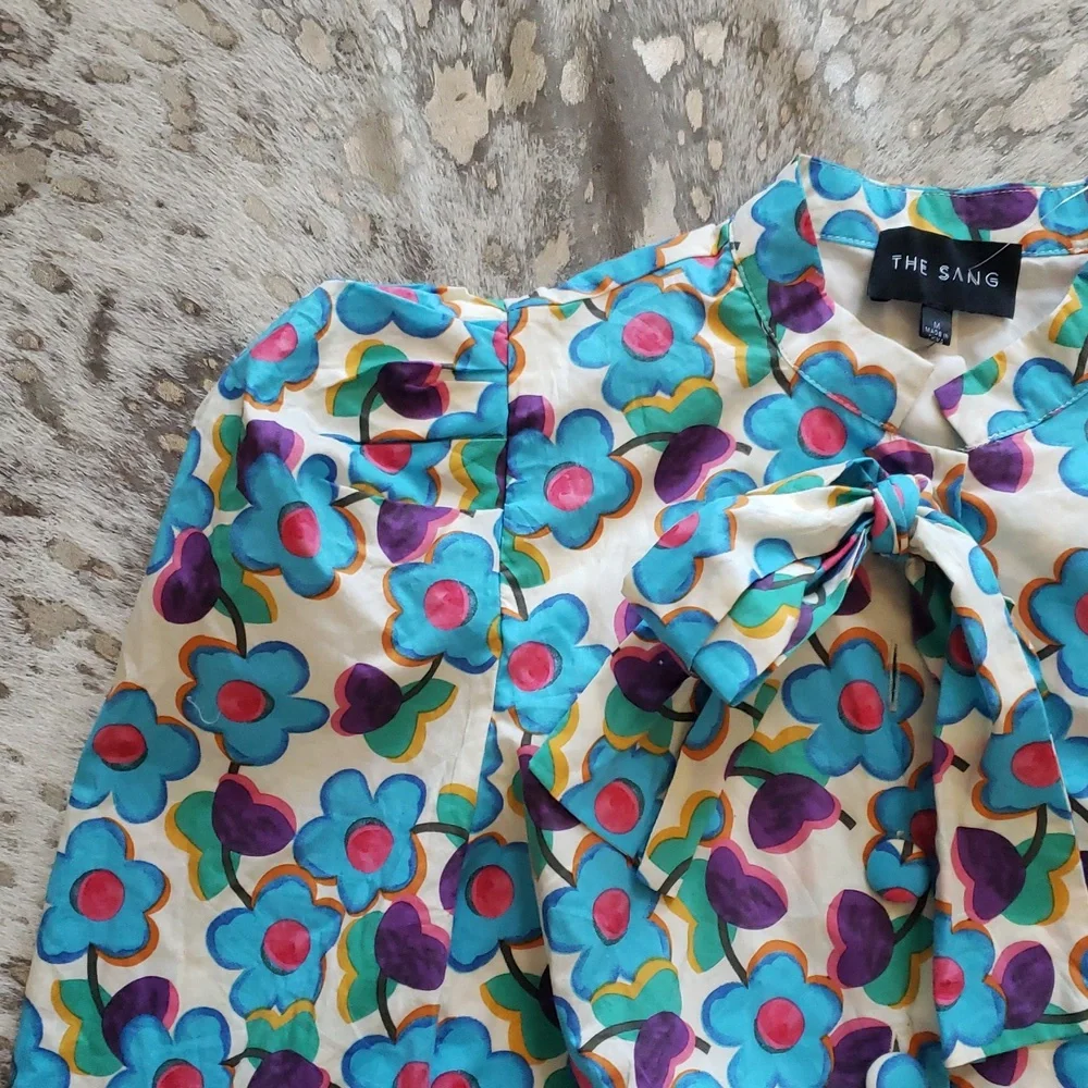 The Sang Pop Art Floral Puff Sleeve Mini Dress PussyBow SzM